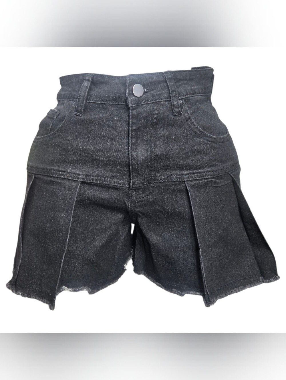 High-Waist Black Pleated Denim Shorts for Women Size S